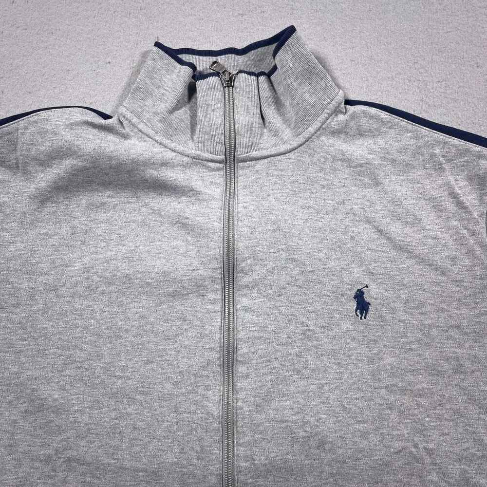 Polo Ralph Lauren Track Jacket Men Large Regular Gray Navy Stripe Athleisure‎